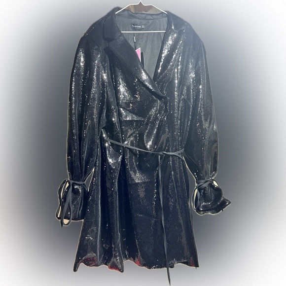 Plus Black Sequin Tie Cuff Detail Blazer Dress New - Picture 3 of 4